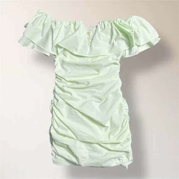 Maeve Anthropologie 0 Off Shoulder Green Ruffle Ruched Mini Dress Party  Wedding